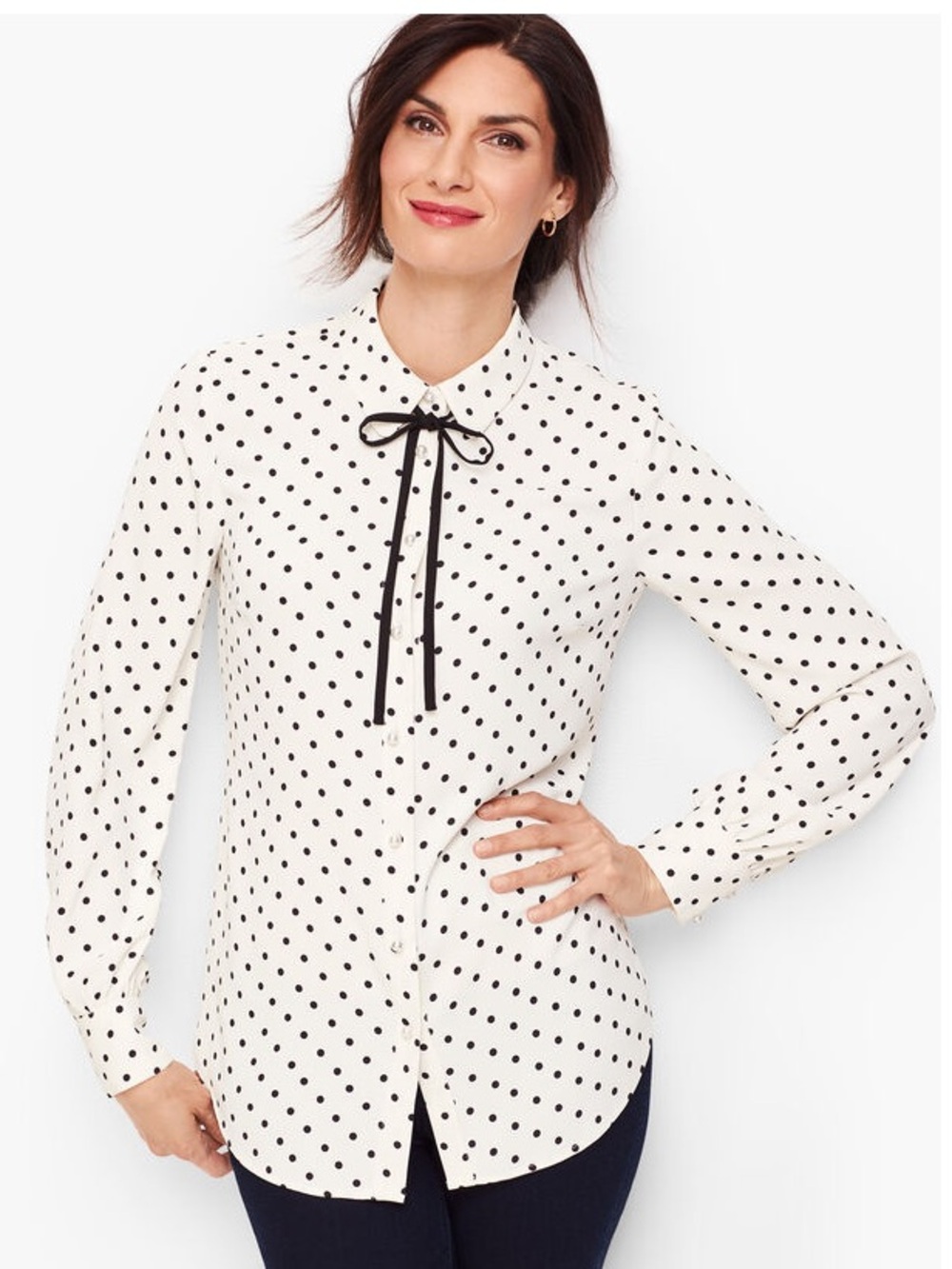 Talbots Black Polka Dot Tie-Neck Pearl Button Down Blouse, Size Medium